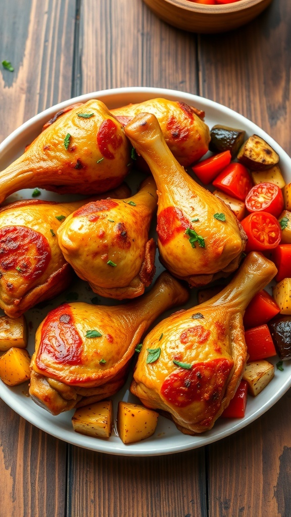 Crispy baked chicken drumsticks garnished with herbs on a plate with roasted vegetables.